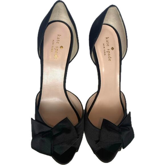 KATE SPADE NY Sala Glitter Heel D'Orsay Pumps SZ 9.5 Black Satin Peep Toe Formal - Picture 7 of 10